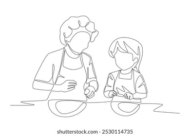 Grandchildren and Grandmother Make Cakes. Baking with grandparents concept one-line drawing