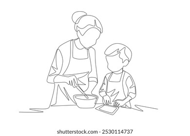 Grandchildren and Grandmother Make Cakes. Baking with grandparents concept one-line drawing