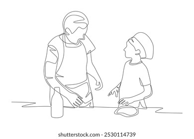 Grandchildren and Grandmother Make Cakes. Baking with grandparents concept one-line drawing