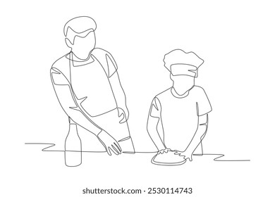 Grandchildren and Grandmother Make Cakes. Baking with grandparents concept one-line drawing