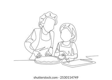 Grandchildren and Grandmother Make Cakes. Baking with grandparents concept one-line drawing