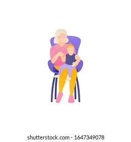 Grandchildren and grandmother together, flat vector illustration. Old aged woman takes care and fun the baby. An elderly gray-haired mother plays and hugs the toddler at isolated white background.