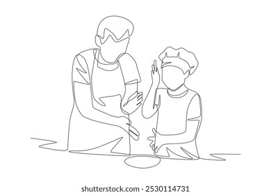 Grandchildren and Grandpa Make Cakes. Baking with grandparents concept one-line drawing