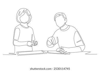 Grandchildren and Grandpa Make Cakes. Baking with grandparents concept one-line drawing