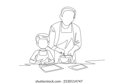 Grandchildren and Grandpa Make Cakes. Baking with grandparents concept one-line drawing