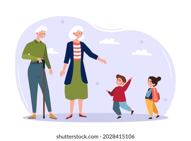 Grandchildren and grandparents concept. Retired man and woman walking with their young grandchildren. Happy family resting. Cartoon modern flat vector illustration isolated on white background