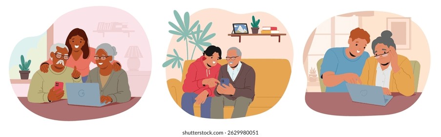 Grandchildren helping elderly grandparents to use internet, laptop computer and smartphone modern gadgets cartoon scene set. Retired people characters learning new technologies vector illustration
