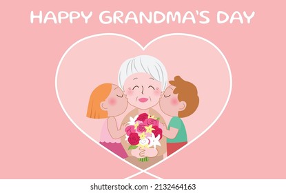 Grandchildren kissing grandmother. Grandmother receiving bouquet of flowers from granddaughter and grandson. Celebration of grandparents day or grandmother's day. Happy grandma's day vector. 