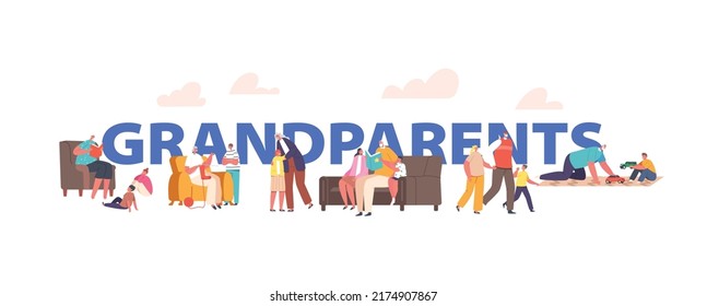 Grandchildren Visit Grandparents Concept. Grandfather, Grandmother and Kids Walking Together, Read Books, Family Characters Joyous Sparetime Poster, Banner or Flyer. Cartoon Vector Illustration