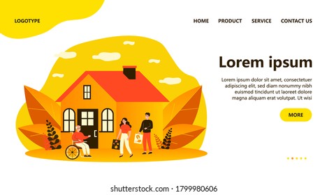 Grandchildren visiting grandpa. Volunteers delivering food to senior disabled person flat vector illustration. Family, handicapped people support concept for banner, website design or landing web page