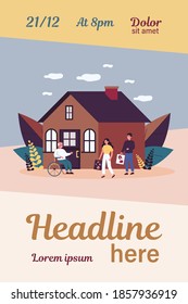 Grandchildren visiting grandpa. Volunteers delivering food to senior disabled person flat vector illustration. Family, handicapped people support concept for banner, website design or landing web page