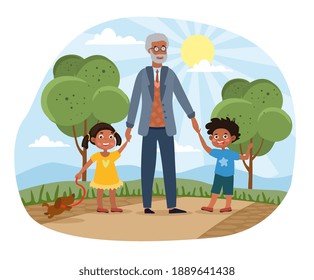 Grandchildren walking in the park with Grandad holding them by the hands on a hot sunny summer day, colored cartoon vector illustration