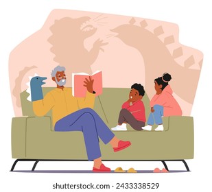 El Personaje Del Abuelo Se Sienta En El Sofá Acogedor, Leyendo Un Libro De Cuentos De Hadas Mágico A Su Nieto De Ojos Anchos, Creando Apreciados Momentos De Alegría E Imaginación Juntos. Ilustración vectorial de personas de dibujos animados