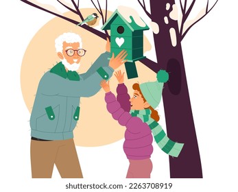 Abuela con nieta colgando una casa natal en un árbol como ilustración ecológica y de un vector de cuidado del planeta