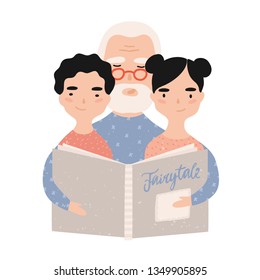 Granddad reading book with grandchildren. Grandfather telling fairytales to his grandson and granddaughter. Portrait of elderly grandparent and grandkids. Illustration in flat cartoon style.