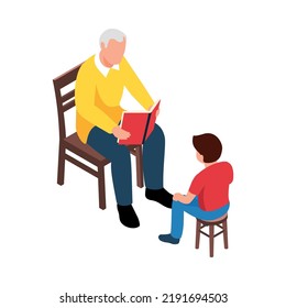Granddad reading book to his grandson 3d isometric vector illustration