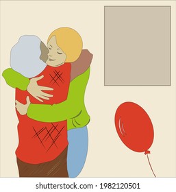 The granddaughter came to her grandmother's home and they hug happily. Bright clothes, a balloon.
