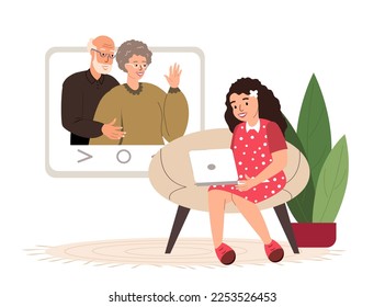 Granddaughter child Girl, chatting with elderly Gransparents. Grandmom,Granddad together.Aged Retired woman talking,online video call use computer Laptop.Family web communication.Vector Illustration
