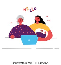 The granddaughter communicates with her grandparents.New technologies.The girl sits with her grandma and communicates with her grandpa through a video call.Girl teaches grandma to use laptop.Vector