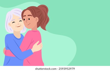 Granddaughter embracing her grandmother, expressing love, care, and familial bond, in a heartwarming illustration