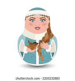 Granddaughter Father Christmas - Snow Maiden in a blue embroidered caftan with a long pigtail. Modern kawaii dolls for your business project. Flat vector illustration.
