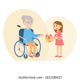 granddaughter give a gift to a disabled grandmother. Vector illustration