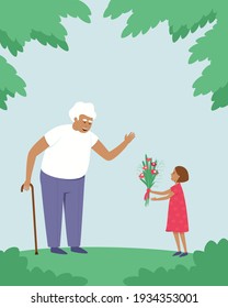 The granddaughter gives flowers to her grandfather. Victory Day. The girl is glad that she saw her grandfather. Spring and summer seasons. Elderly man with a cane. Flat vector illustration.