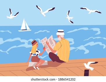 Granddaughter and grandfather spending time together sitting on waterfront vector flat illustration. Elderly man reading newspaper, girl eating apple enjoy seascape. Happy family rest at seashore