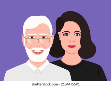 Granddaughter with grandfather vector illustration. Happy family relationship. Generation difference portrait. Old man gray-haired with adult daughter. Grandpa cartoon avatar