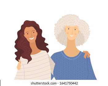 Granddaughter and grandma flat vector illustration. Positive emotions, relationship. Smiling young and senior women, cartoon characters isolated on white background