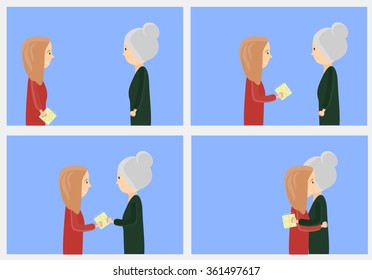 Granddaughter grandma gives a gift. The scene with the characters. People flat design.Day grandmother. 