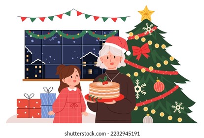 Granddaughter and grandmother enjoying Christmas. There are Christmas trees, cakes and presents. Christmas holiday concept vector illustration.