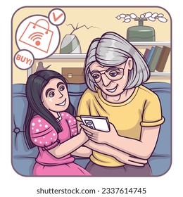 Granddaughter helping granny to shop online. Profitable shopping day concept. Ordering and choosing different products via gadget. Flat vector illustration in cartoon style