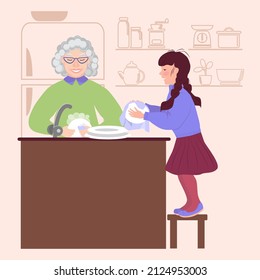 Granddaughter helps the grandmother to wash the dishes. Little girl wipes a plate with a towel. Silhouette of a refrigerator and kitchen utensils in the background. Housework. Vector illustration