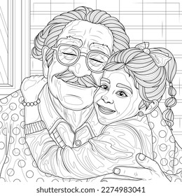 La nieta abraza al abuelo. Colorante antiestrés para niños y adultos. Ilustración aislada sobre fondo blanco. Estilo zenano-margino. Dibujo manual