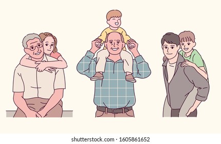 Granddaughter hugs grandpa. Grandpa puts his grandson on his shoulder. Father is carrying his son on his back. hand drawn style vector design illustrations. 