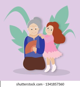 Granddaughter massage the shoulders for grandma,vector illustration paper art style.