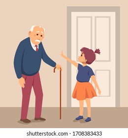 Granddaughter prevents her grandfather from going out. little girl stops old man in front of the door. Stay home covid-19 concept.