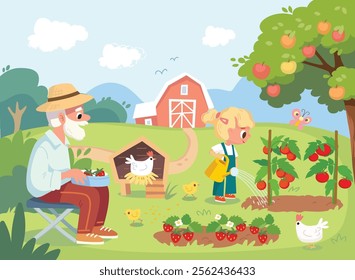 Granddaughter waters a strawberry. Old farmer Old MacDonald working in a garden with grandchild. Summer day at farm. Garden with apple tree, chicken coop, garden beds, strawberries. 