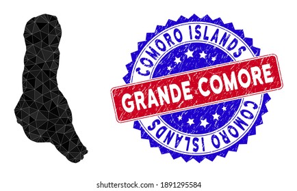 Grande Comore Island map polygonal mesh with filled triangles, and scratched bicolor stamp. Triangle mosaic Grande Comore Island map with mesh vector model, triangles have different sizes,