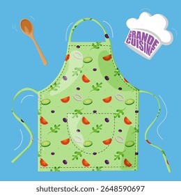 Grande cuisine, Illustration, kitchen, large kitchen, high, beautiful, delicious, juicy, bright, vivid, chef's hat, spoon, wooden spoon, chef's hat, apron, green, blue, white, kitchen set, decoration,