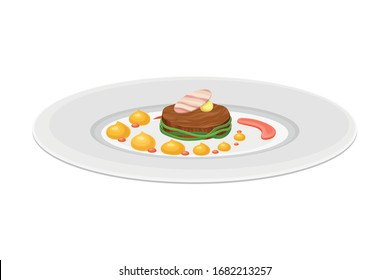 Grande Cuisine with Meticulous Food Preparation and Serving on Plate with Fancy Garnish Vector Illustration