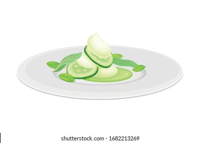 Grande Cuisine with Meticulous Food Preparation and Serving on Plate with Fancy Garnish Laced with Cucumber Slices Vector Illustration