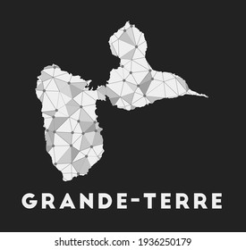 Grande-Terre - communication network map of the island. Trendy geometric design on a dark background. Technology, internet, network, telecommunication concept. Vector illustration.