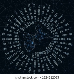 Grande-Terre digital map. Binary rays radiating around glowing island. Internet connections and data exchange design. Vector illustration.