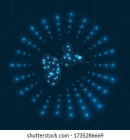 Mapa digital Grande-Terre. Rayos brillantes irradiando desde la isla. Conexiones de red y diseño de telecomunicaciones. Ilustración vectorial.