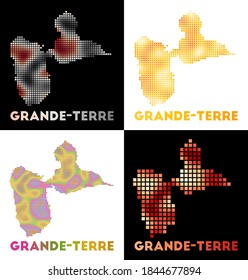 Grande-Terre-Karte. Sammlung von Karte von Grande-Terre im gepunkteten Stil. Grenzen der Insel gefüllt mit Rechtecken für Ihr Design. Vektorgrafik.
