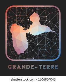 Grande-Terre map design. Vector low poly map of the island. Grande-Terre icon in geometric style. The island shape with polygnal gradient and mesh on dark background.