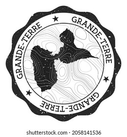 Grande-Terre outdoor stamp. Round sticker with map of island with topographic isolines. Vector illustration. Can be used as insignia, logotype, label, sticker or badge of the Grande-Terre.