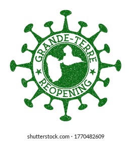 Grande-Terre Reopening Stamp. Green round badge of island with map of Grande-Terre. Island opening after lockdown. Vector illustration.